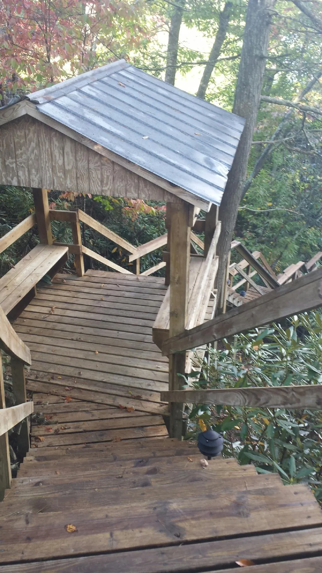 Metal roofed shelter over wooden steps on a wooded walkway — Skylight Repair & Installation work by our crew in Calera